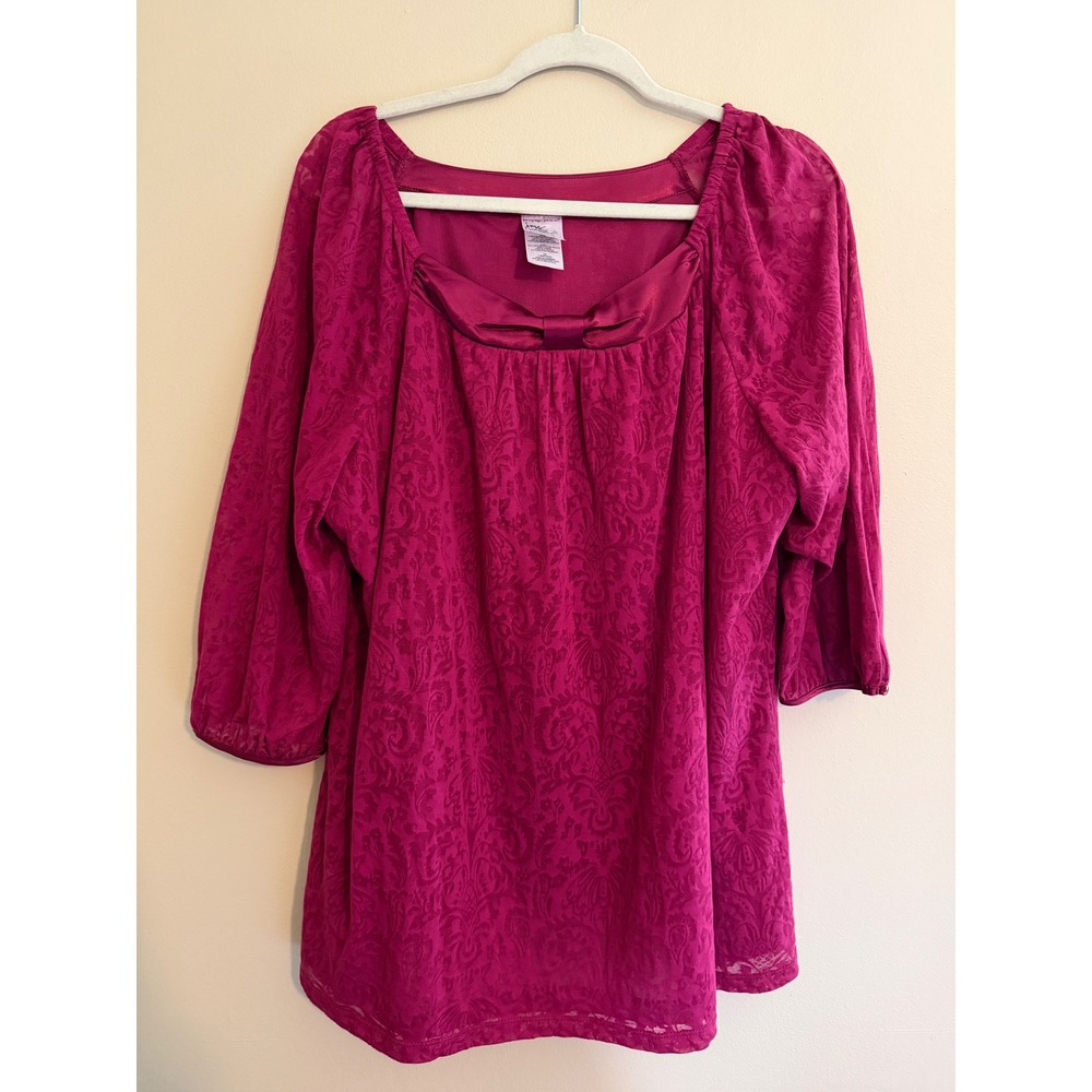 Just My Size Y2K 90s Womens 2X 18W/20W Magenta Burnout Damask Blouse Square Neck